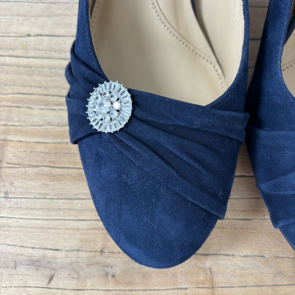 Talbots Navy Suede Leather Pumps Block Heel Size 8.5M Rhinestone Glam Event Chic - Picture 3 of 12